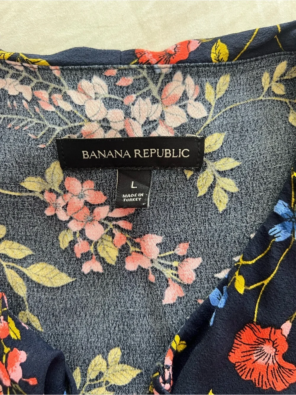 Banana Republic Navy Floral Tie-Front Puff Short Sleeve Blouse